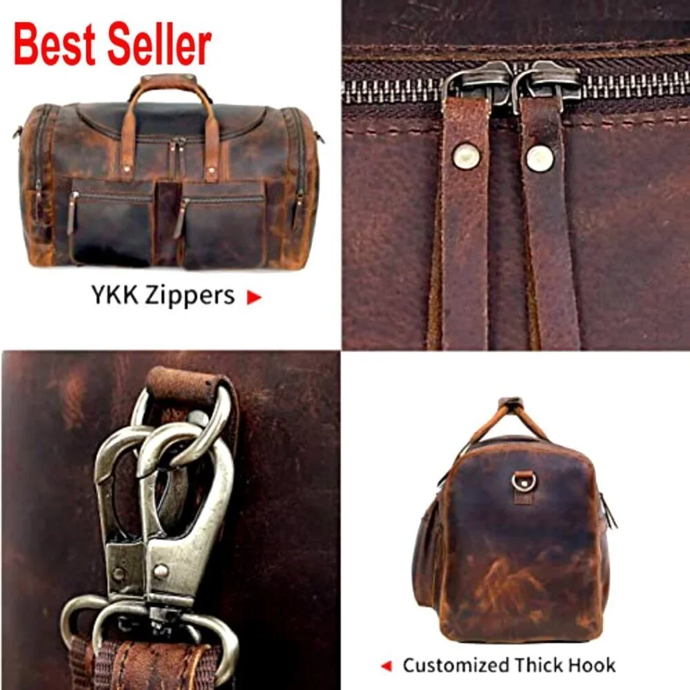 Full Grain Leather Duffel Bag with YKK Zippers, 32 Inch Travel Bag